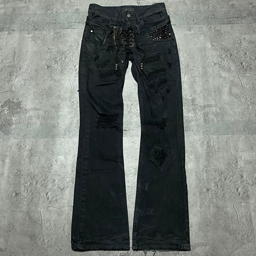 ミダス midas Y2K ダブルウエスト レースアップ スタッズ フレアデニム