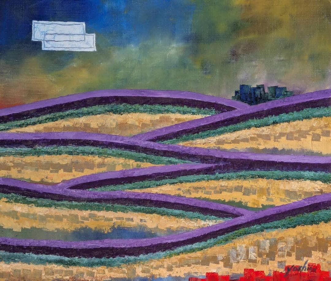 真作】絵画 村山禧家 油彩10号 ラベンダーの丘 モダンな色面