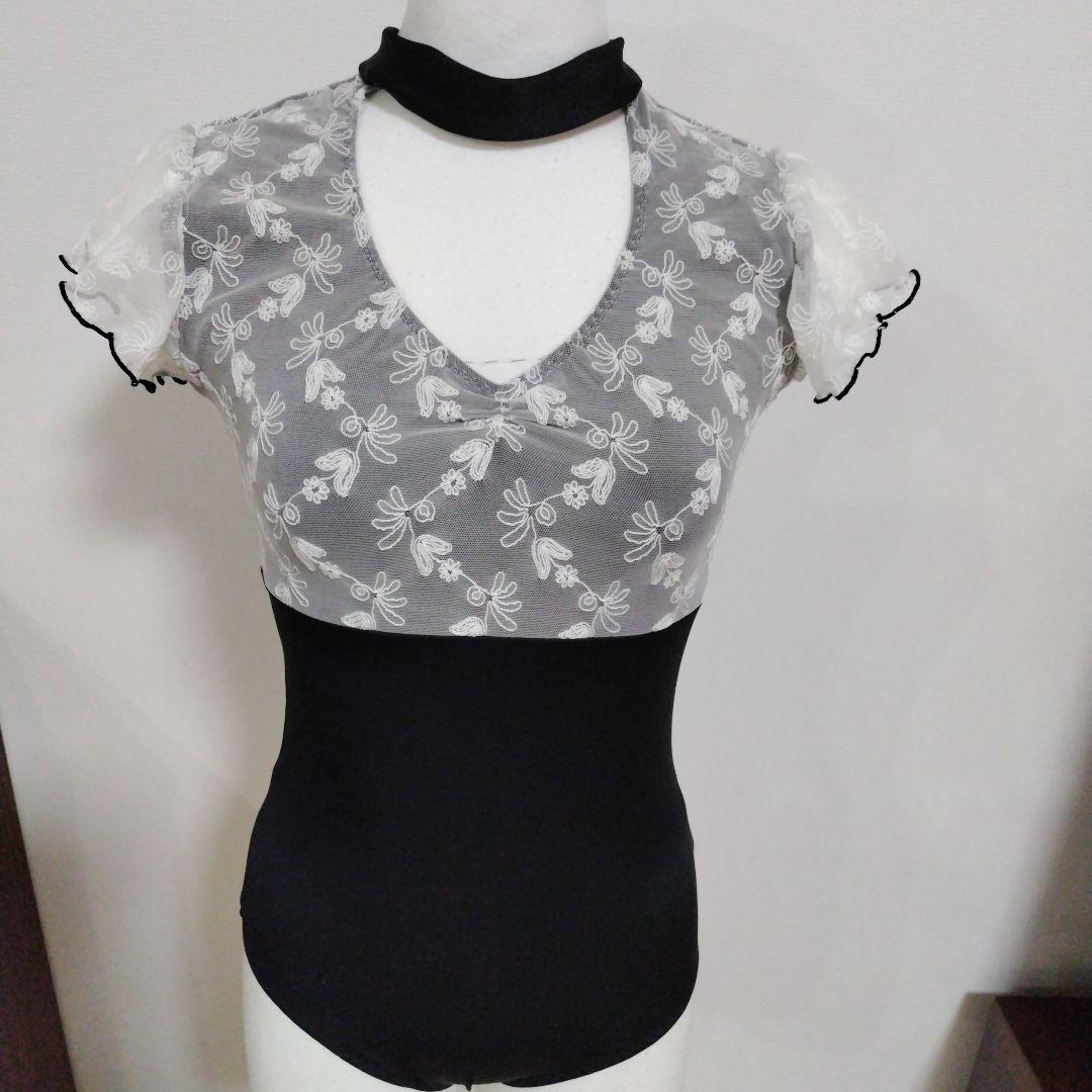 花の妖精さん風レースと後ろのリボンがエレガントな娘役レオタード黒Ｓ～Ｍサイズ