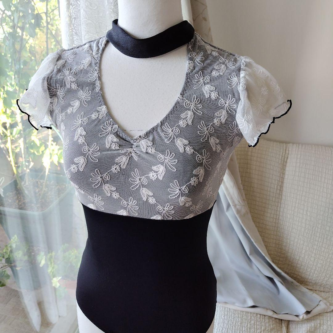 花の妖精さん風レースと後ろのリボンがエレガントな娘役レオタード黒Ｓ～Ｍサイズ