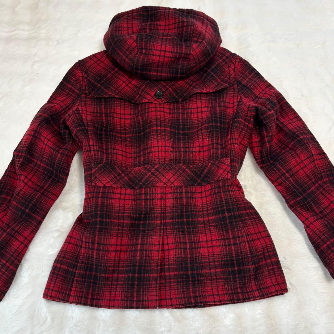 バーバリー ブラックレーベル ダッフルコート フード チェック柄 赤 L