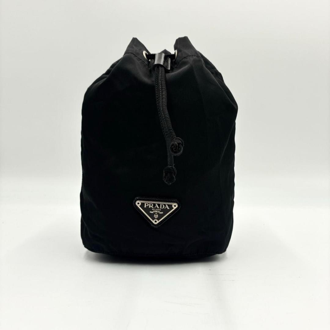 美品 プラダ 巾着バッグ ポーチ ナイロン レザー ブラック 三角ロゴ 白タグ