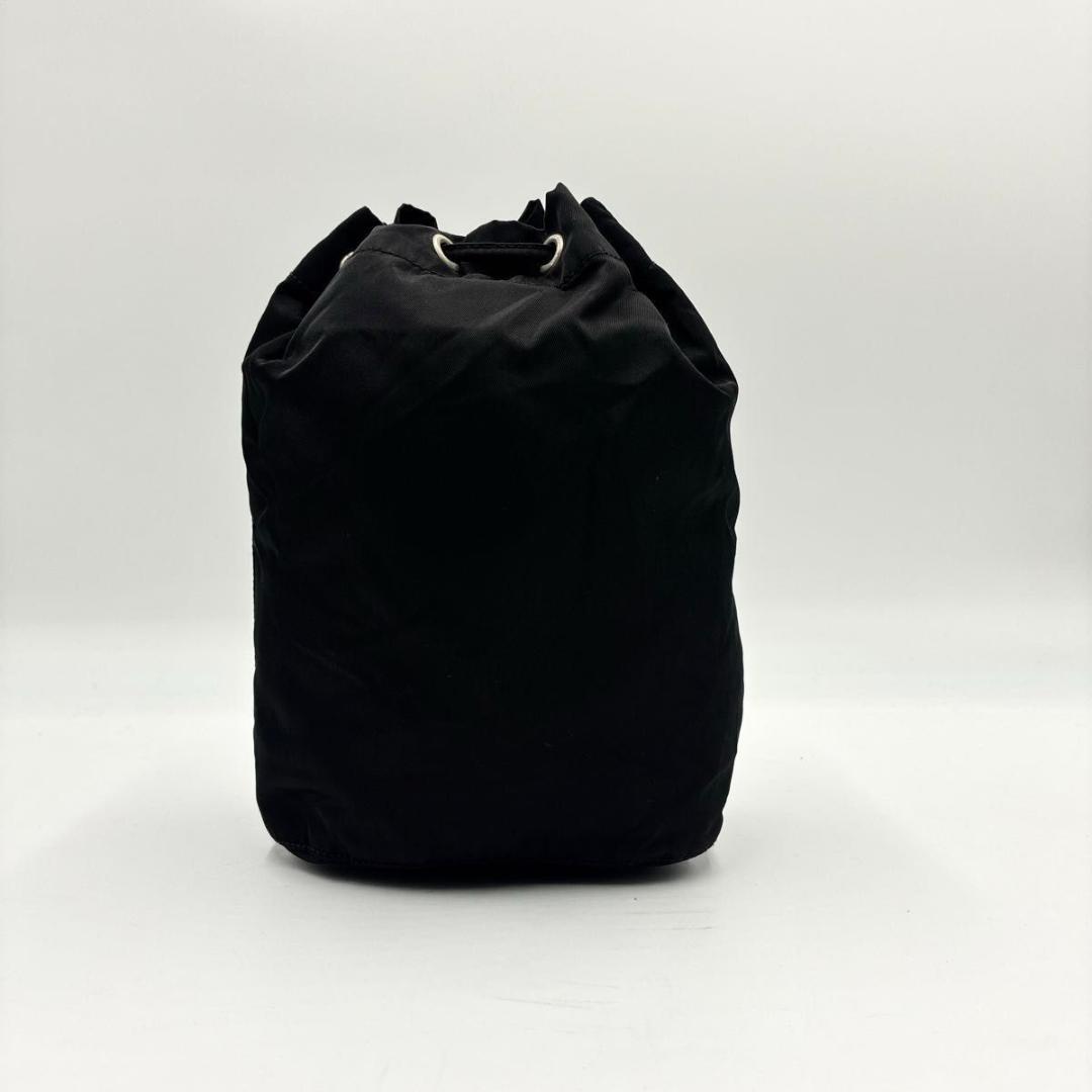 美品 プラダ 巾着バッグ ポーチ ナイロン レザー ブラック 三角ロゴ 白タグ