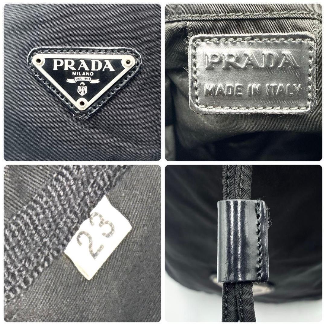 美品 プラダ 巾着バッグ ポーチ ナイロン レザー ブラック 三角ロゴ 白タグ