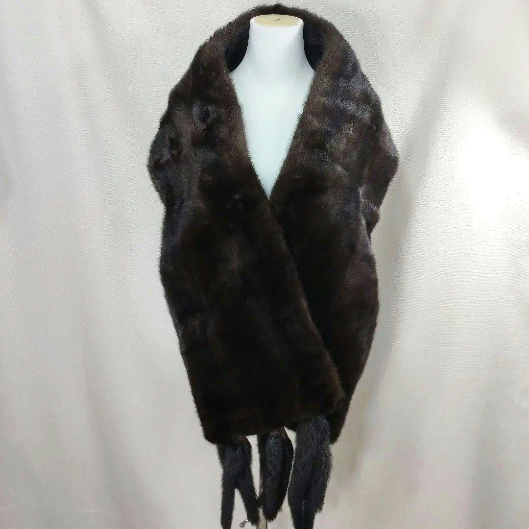 美品　毛皮　ファーショール　ミンク　大判　ダークブラウン　フック掛け　ポケット有