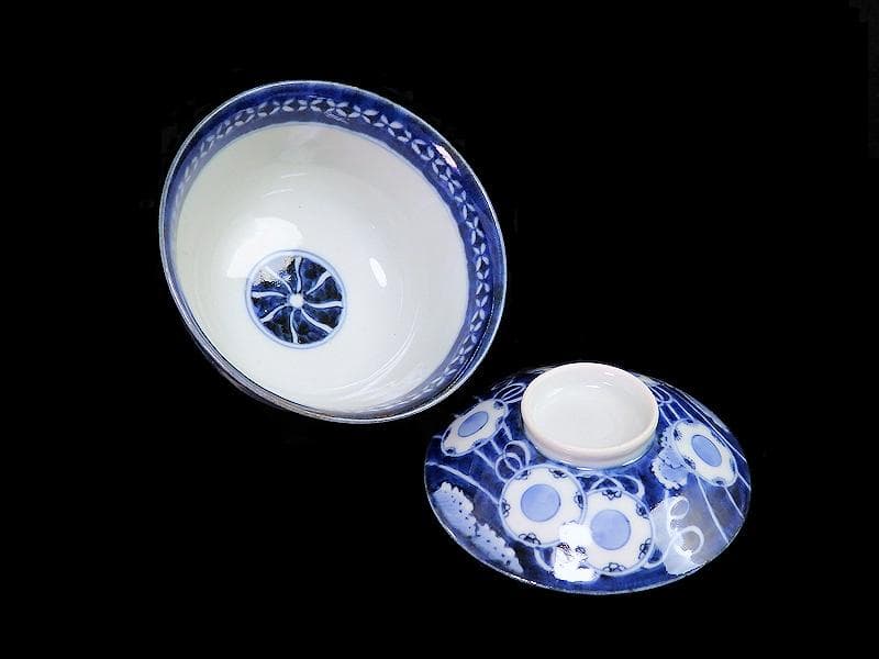 古伊万里 染付 鼓に調緒の図 蓋茶碗 江戸期 E213AS-CHl