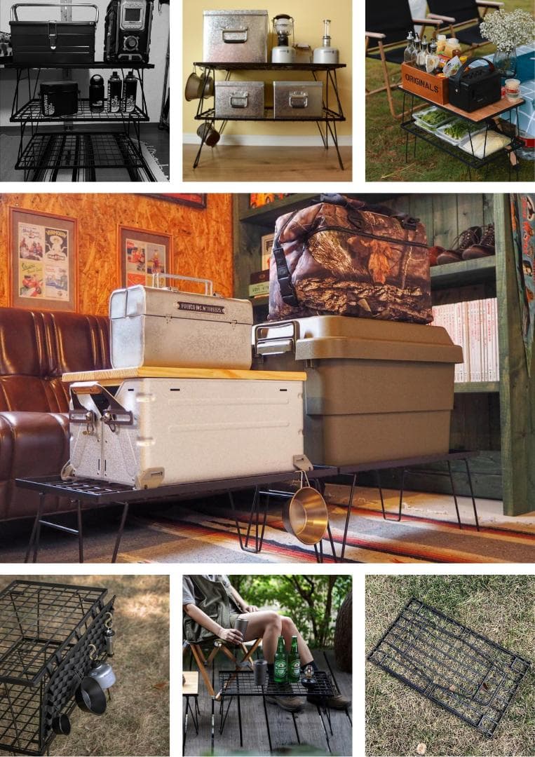 フィールドラック 折り畳み 黒メッキスチール製 4天 竹天板