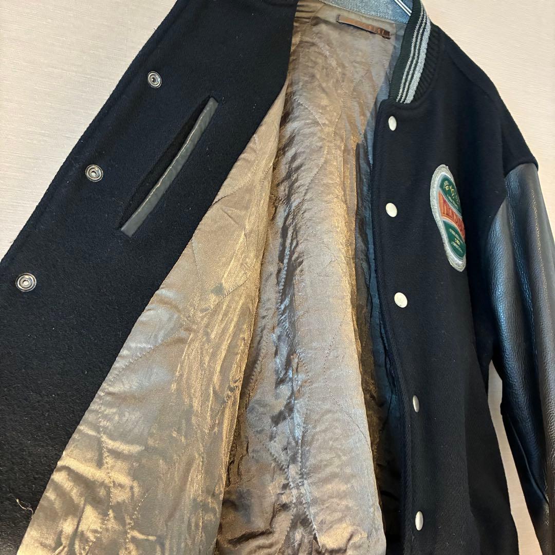 Men’s Bigi スタジャン L 刺繍 レザー袖 牛革 ウール ブラック 黒