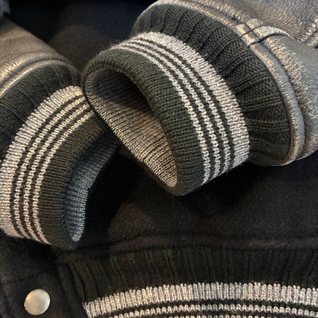 Men’s Bigi スタジャン L 刺繍 レザー袖 牛革 ウール ブラック 黒