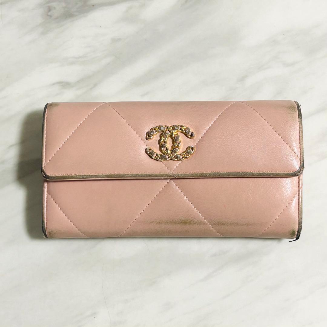 CHANEL ピンク ロングフラップ　ラムスキンウォレット　キルティング長財布