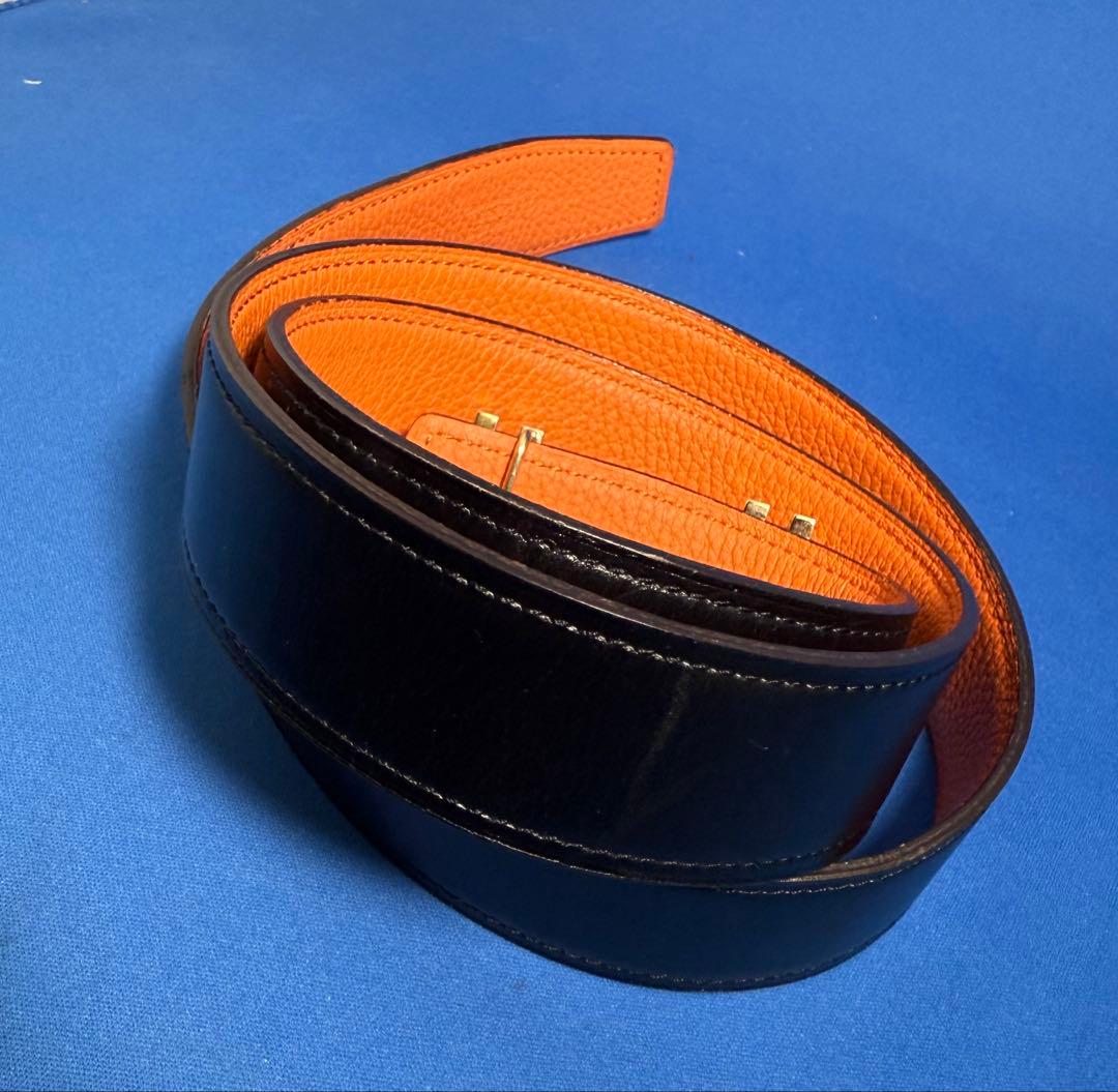 HERMES ブラック オレンジ レザーベルトHベルト　リバーシブル