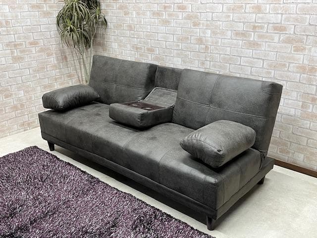 ソファーベッド グレー 小テーブル付き レザーファブリック ソファ