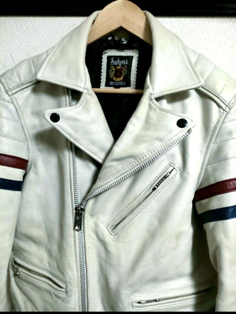 現行タグ　良品　Schott ホワイト ダブルライダースジャケット　ユーズド加工