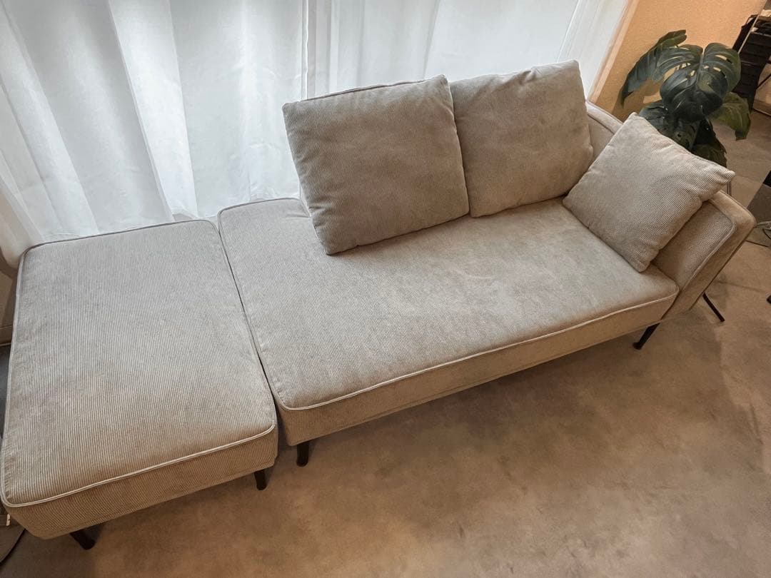 モダン コーデュロイ カウチソファ +オットマン (グレー