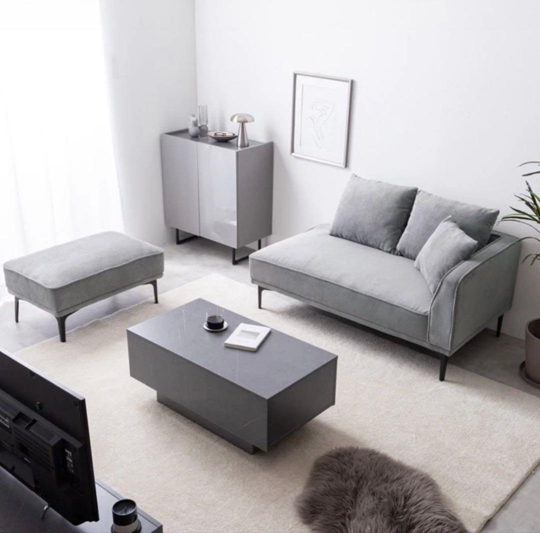 モダン コーデュロイ カウチソファ +オットマン (グレー