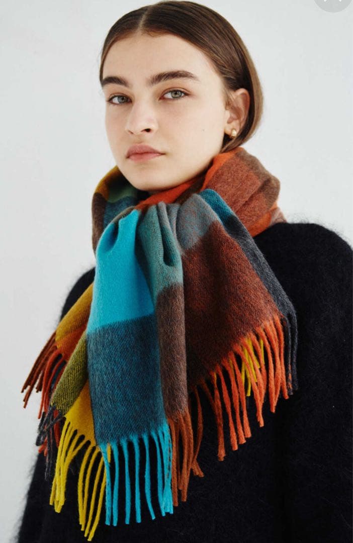 美品 ジョシュアエリス 大盤 ストール マルチ ブロックチェック 50×190