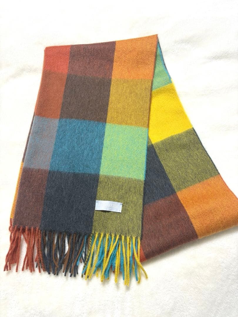 美品 ジョシュアエリス 大盤 ストール マルチ ブロックチェック 50×190