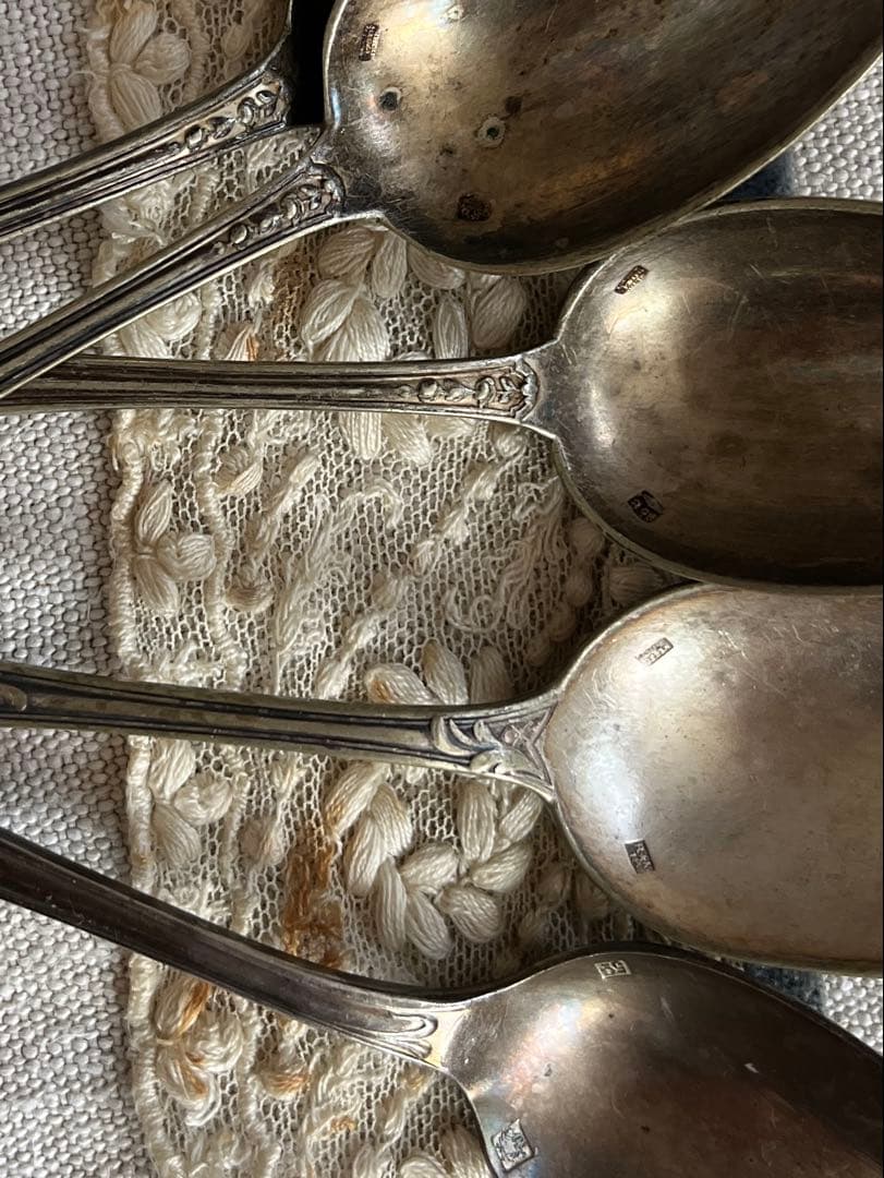 ◆最終SALE◆フランスアンティーク銀5本刻印ティースプーンデザート白銀シルバー