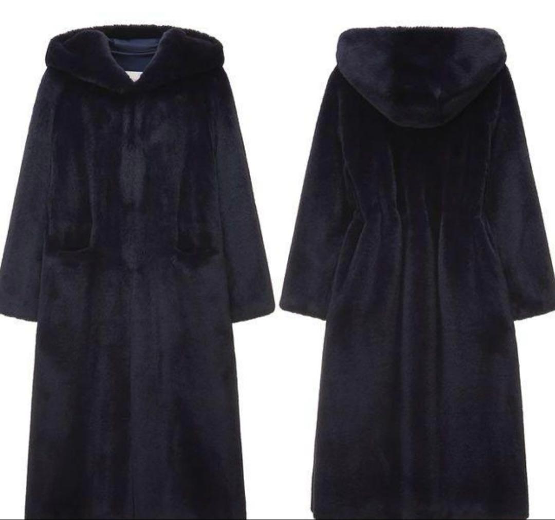 LEMONPLET☆マキシ丈フードコートネイビー紺レモンプレットファー