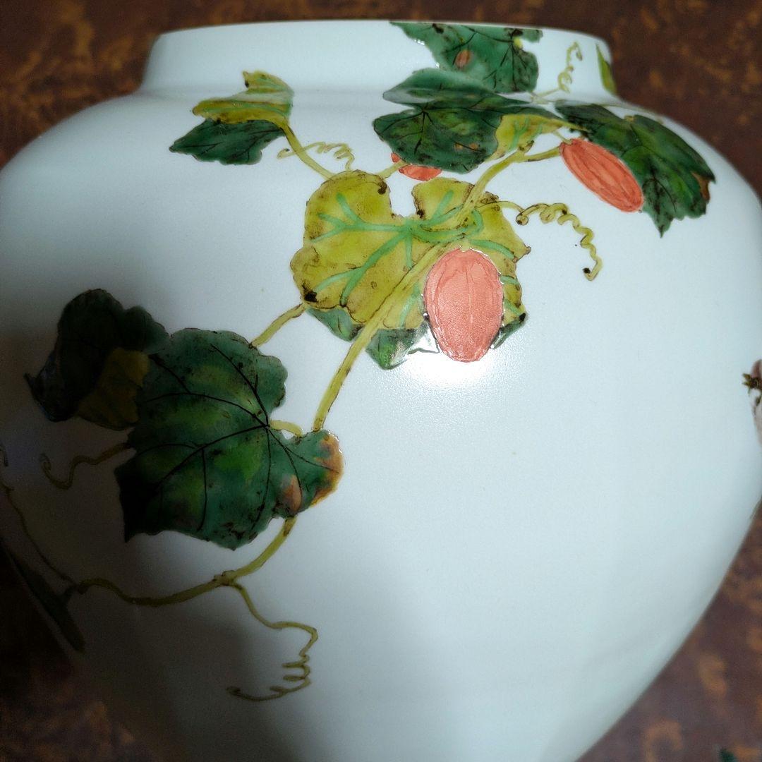 影山明志 色絵雀烏瓜紋 面取壺 藤本能道師事 日本工芸会