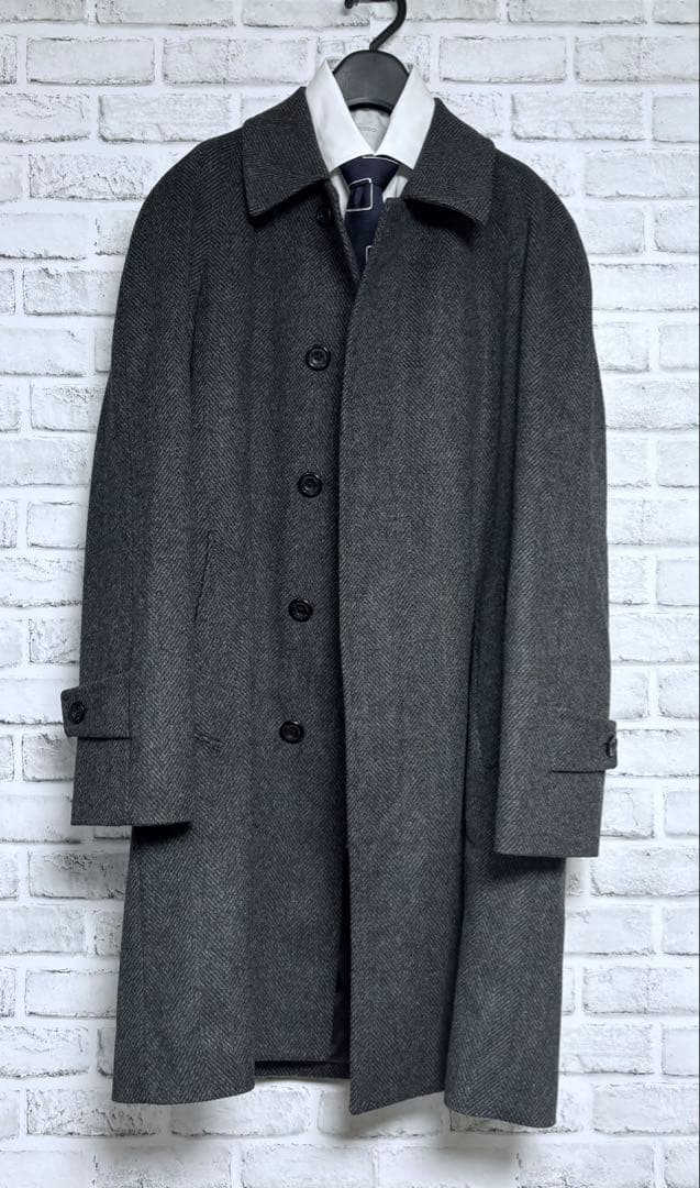 【限定】カシミヤ混 Aquascutumダークグレーコート L相当ヘリンボーン