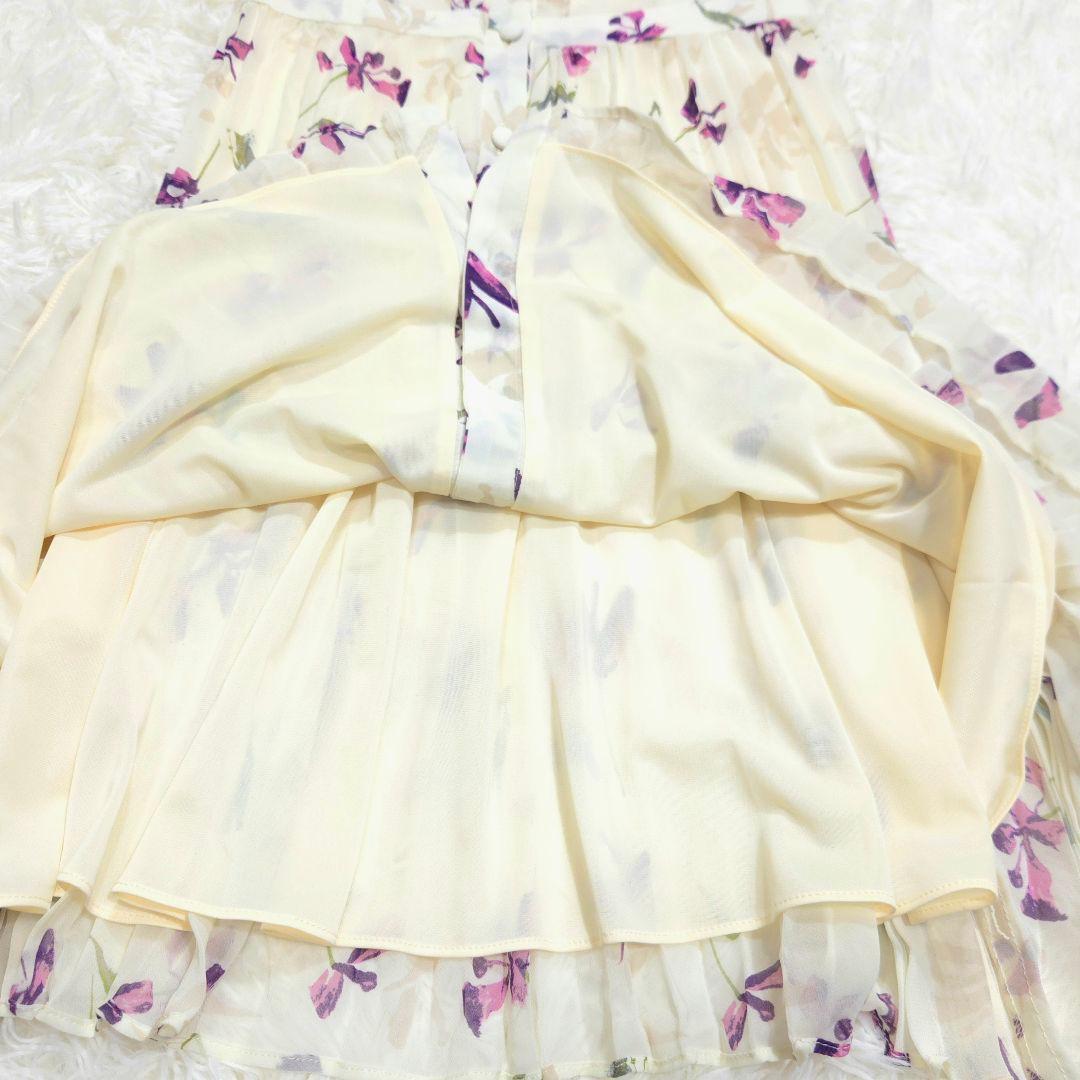 美品 René ルネ 32 花柄 プリーツ シフォン ワンピース フレア フリル