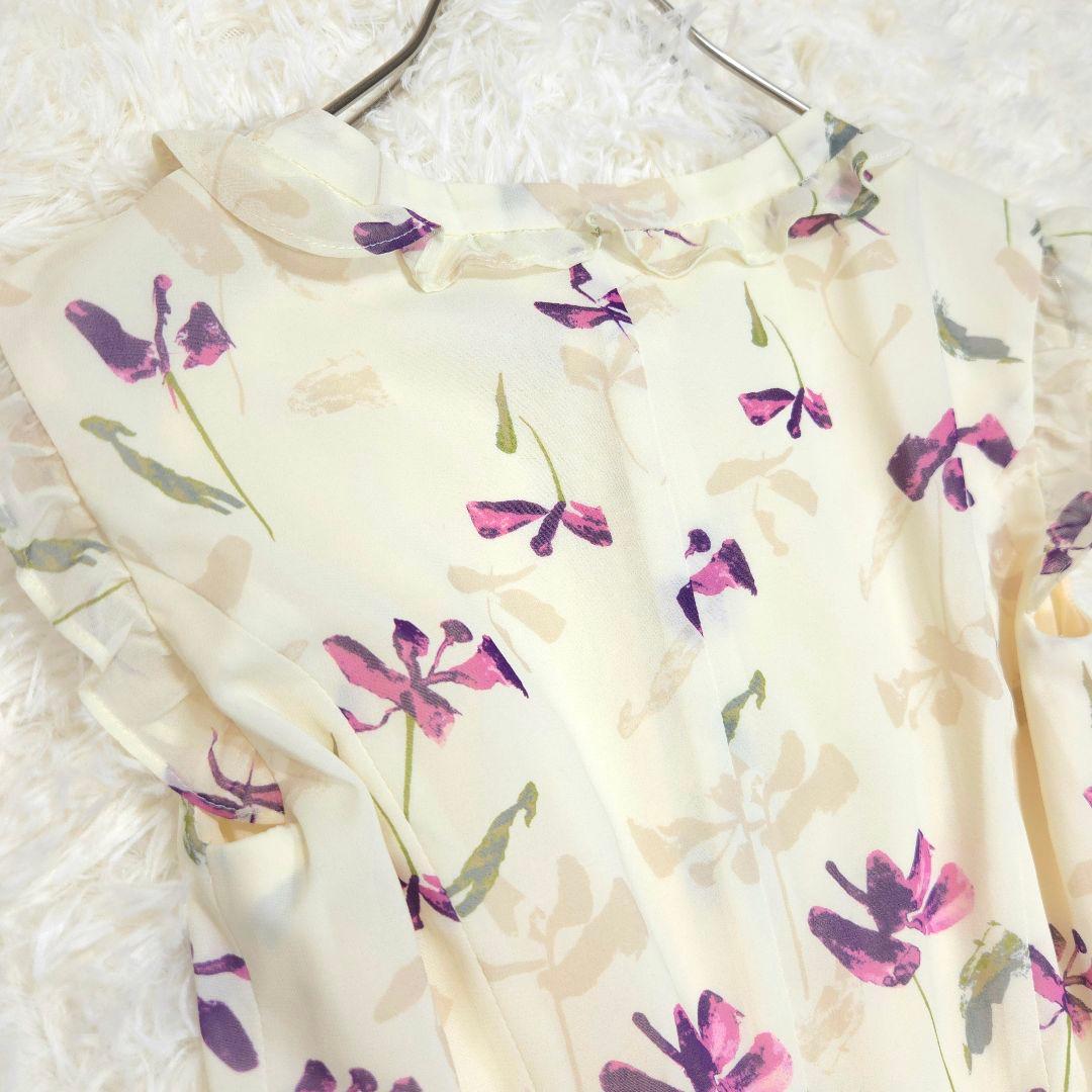 美品 René ルネ 32 花柄 プリーツ シフォン ワンピース フレア フリル