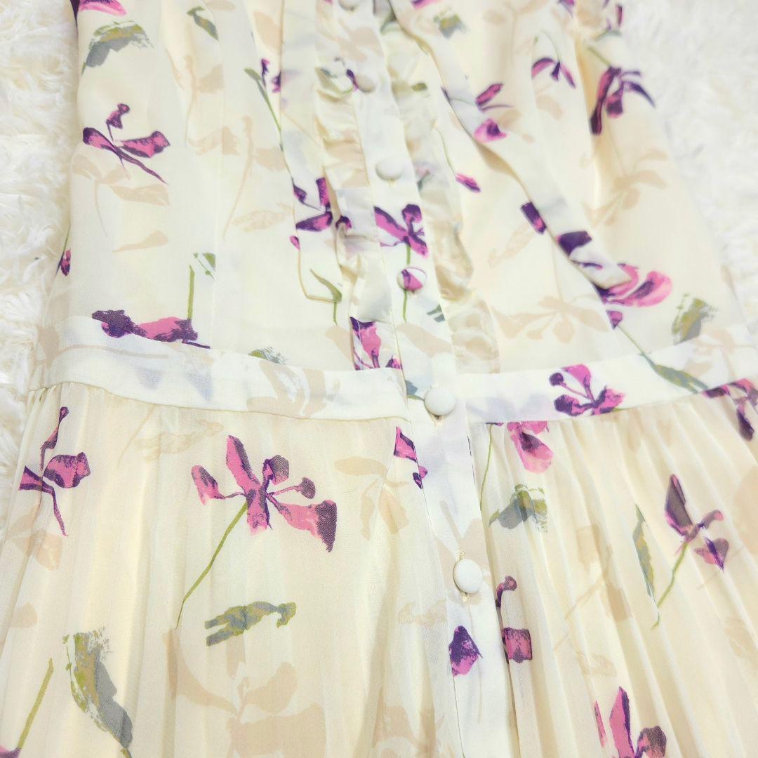 美品 René ルネ 32 花柄 プリーツ シフォン ワンピース フレア フリル