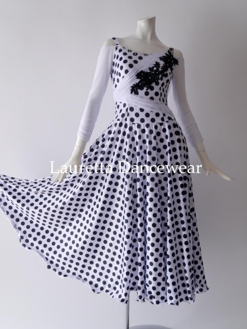 新品 社交ダンス衣装 パーティードレス レッスン着 高級仕様 ドット 水玉 M