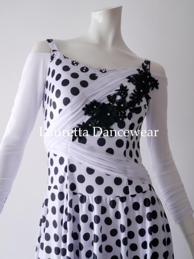 新品 社交ダンス衣装 パーティードレス レッスン着 高級仕様 ドット 水玉 M