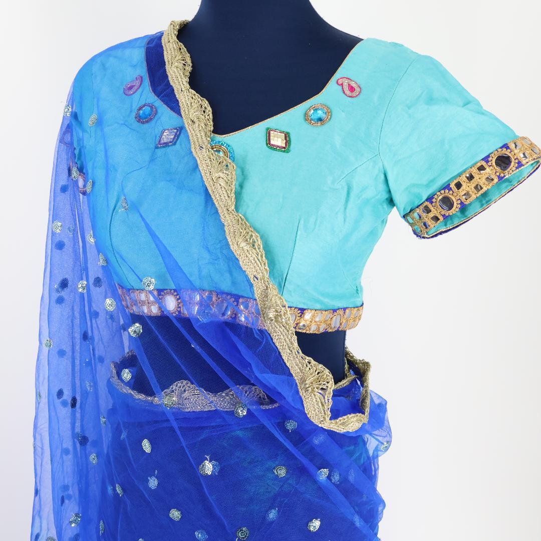 【ベリーダンス用 ボリウッド衣装】ブルー×ゴールド ラメ サリー チョリ 水色
