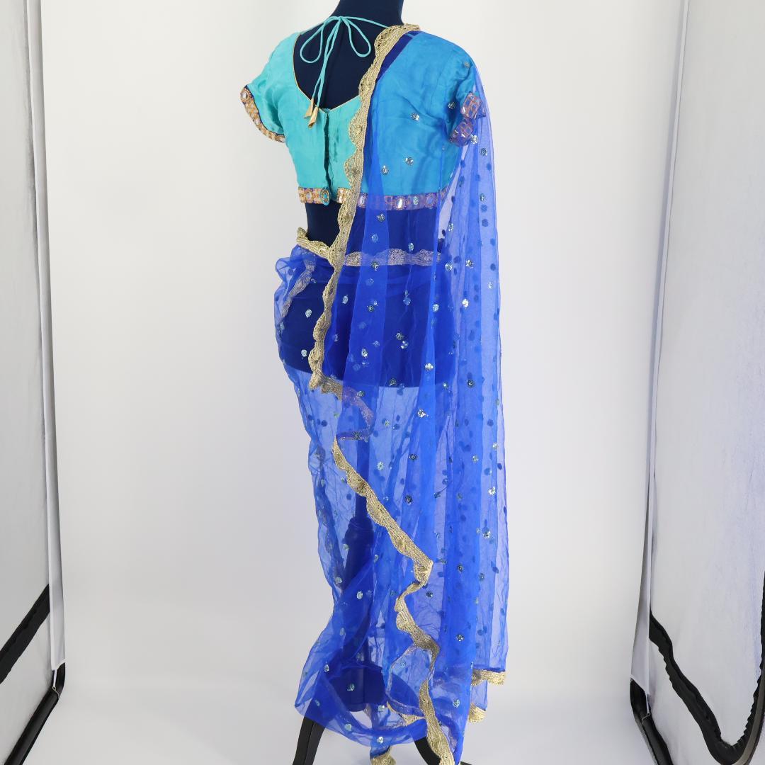 【ベリーダンス用 ボリウッド衣装】ブルー×ゴールド ラメ サリー チョリ 水色