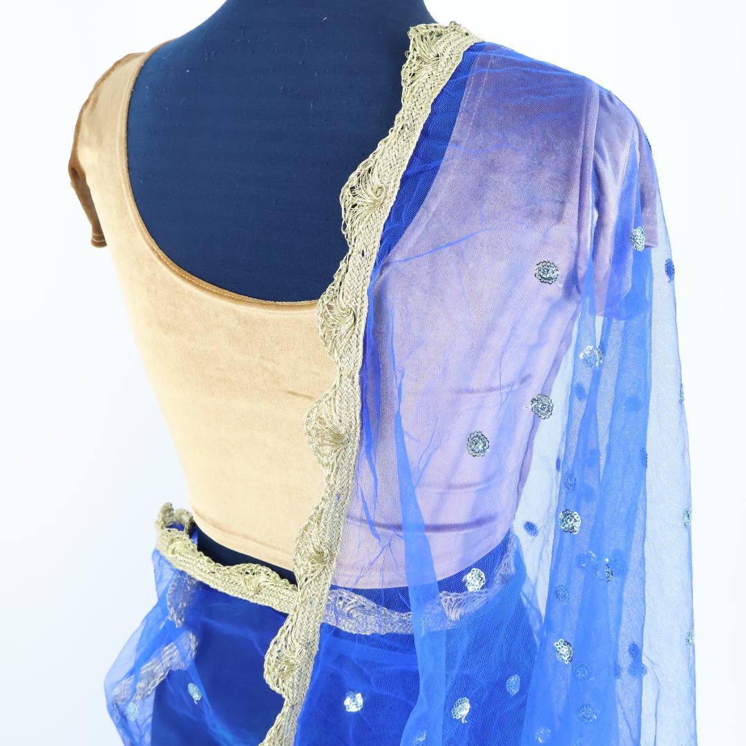 【ベリーダンス用 ボリウッド衣装】ブルー×ゴールド ラメ サリー チョリ 水色