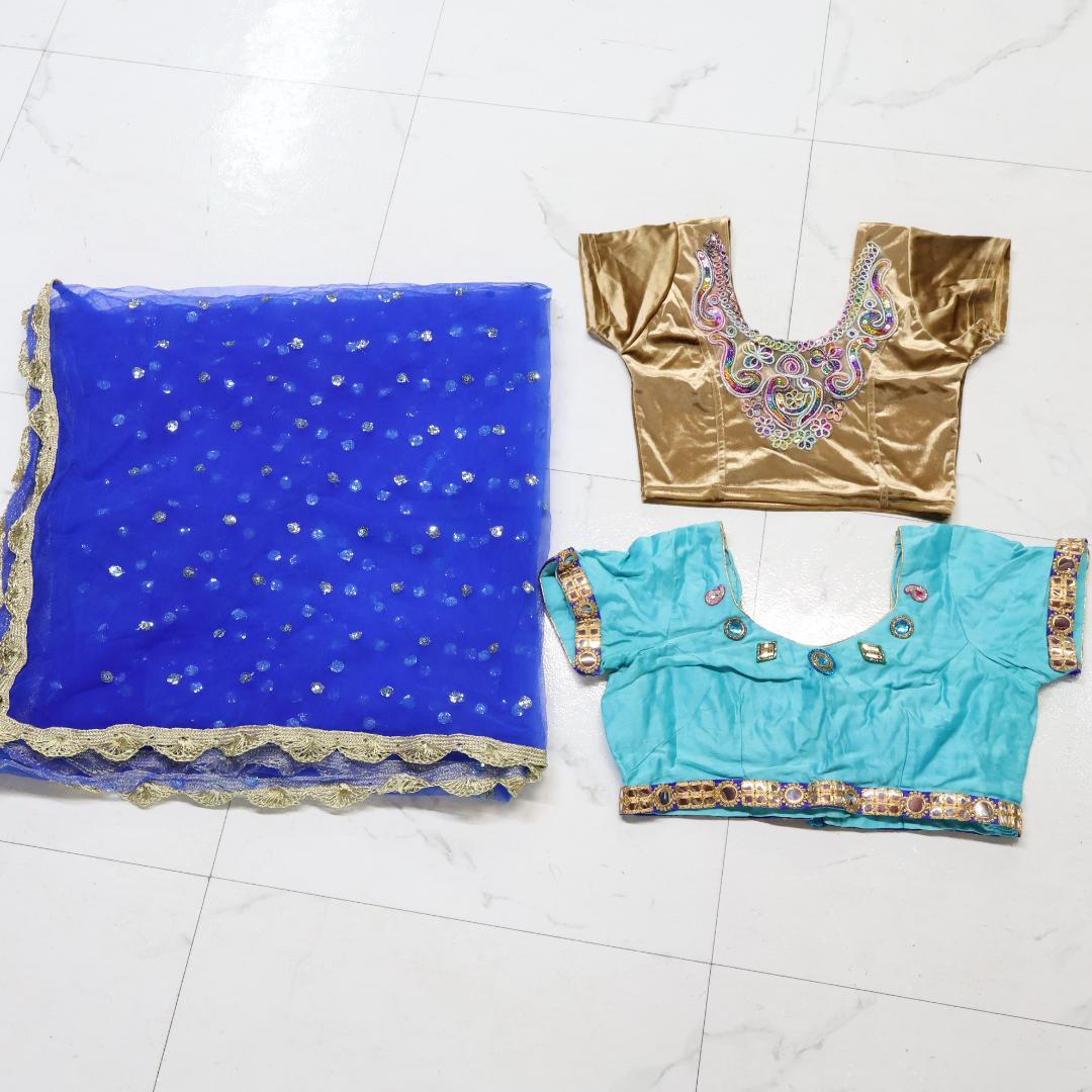 【ベリーダンス用 ボリウッド衣装】ブルー×ゴールド ラメ サリー チョリ 水色