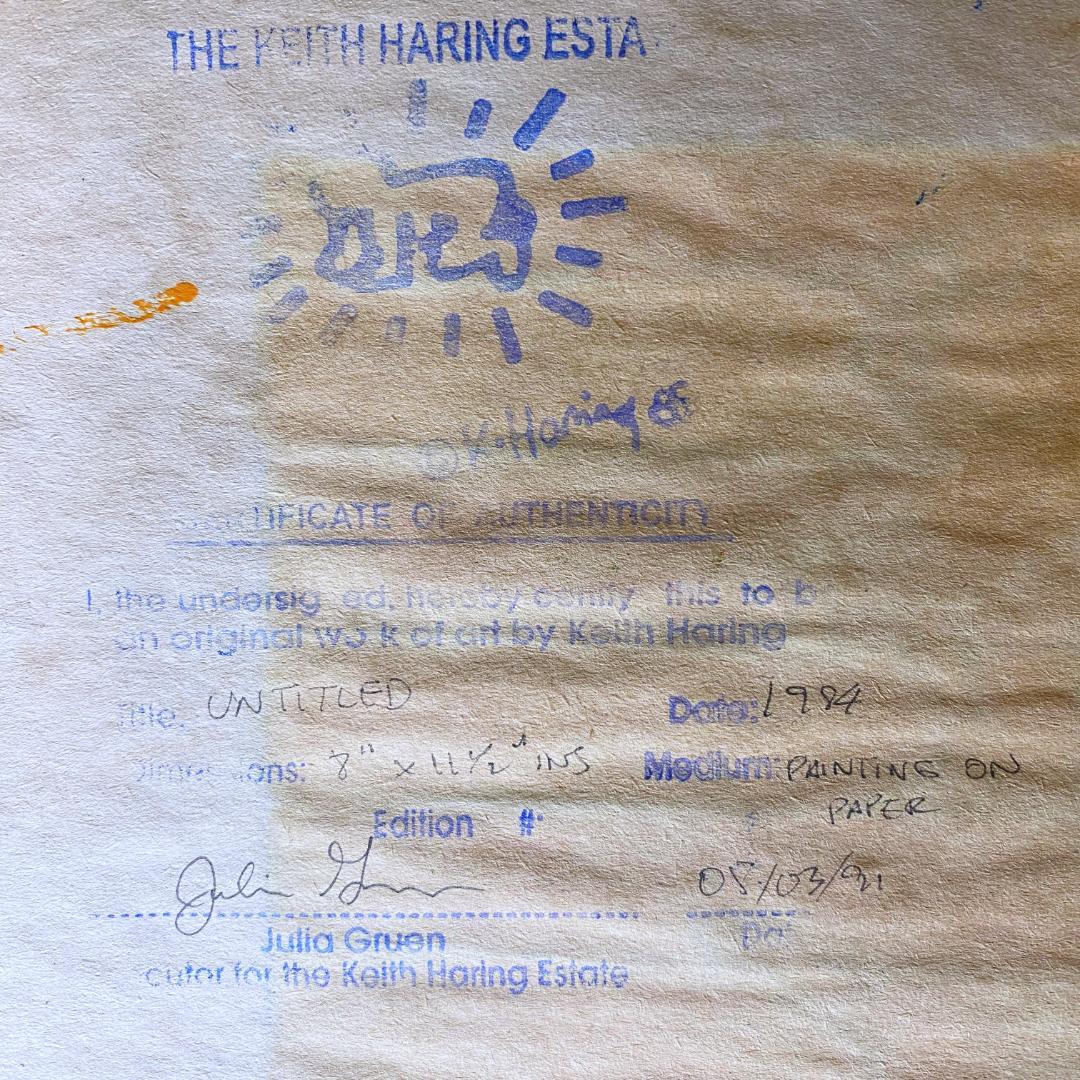 【模写】キース・ヘリング ドローイング 水彩 手描き サイン・スタンプ入 額装済