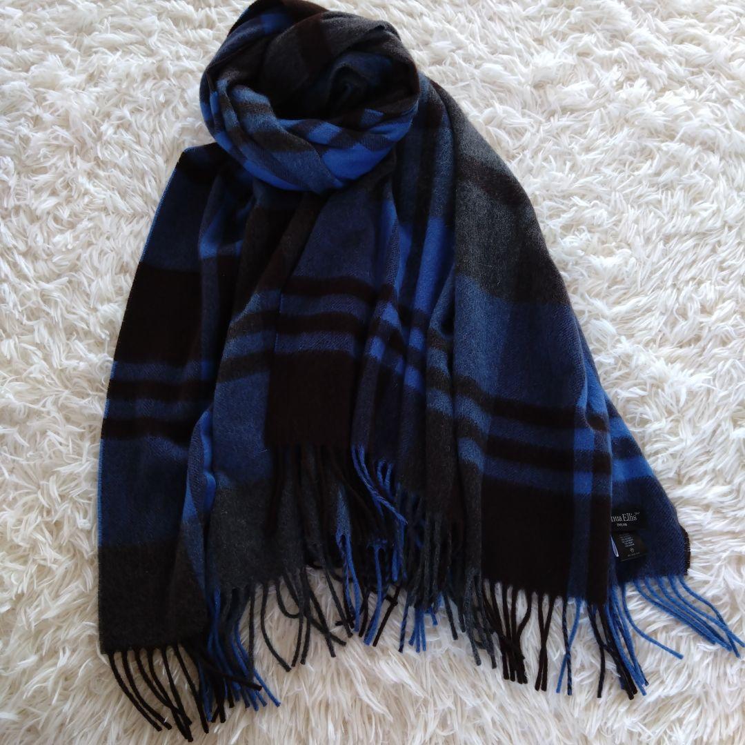 人気色✨ジョシュアエリス　チェック　　　　　大判カシミヤ100%ブルー系