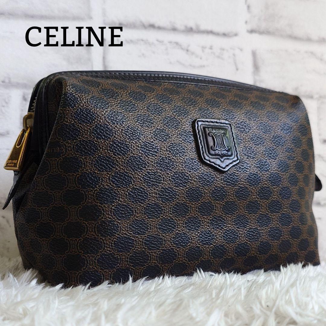 美品 セリーヌ 黒マカダム メイクポーチ トリオンフ PVC レザー 小物