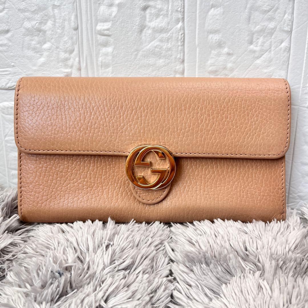 美品✨GUCCI インターロッキング シボレザー 長財布 ベージュ