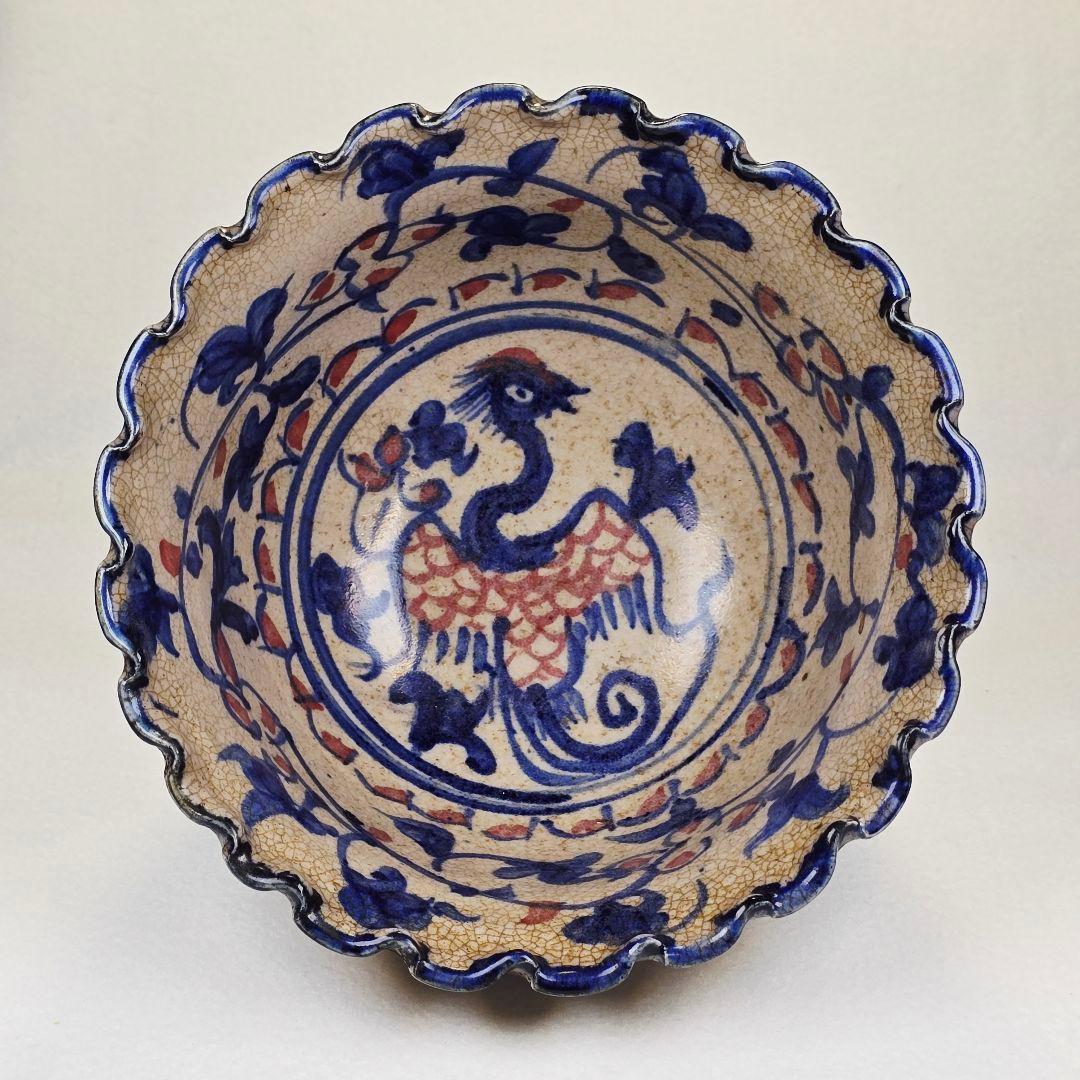 骨董品 中国古磁 青花染付 釉里紅 手絵 鳳紋 海碗