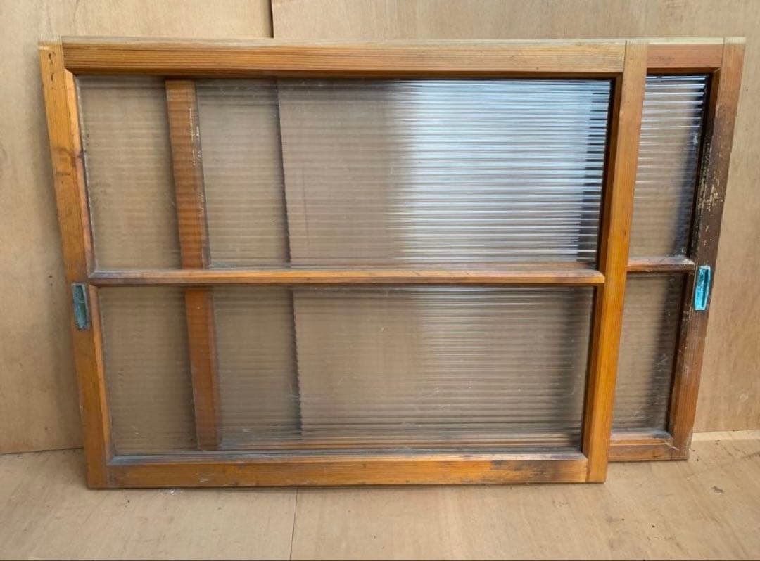 昭和レトロ 木枠窓モールガラス戸2分割 2枚組 古家具建具