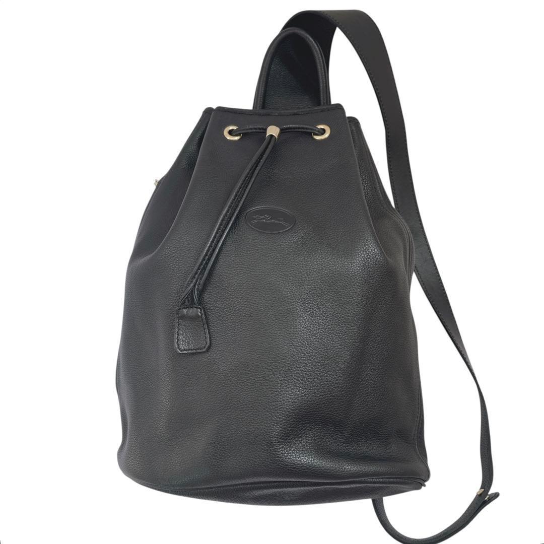 【レア/美品】ロンシャン ル・フローネ レザー シボ革 巾着リュック ブラック