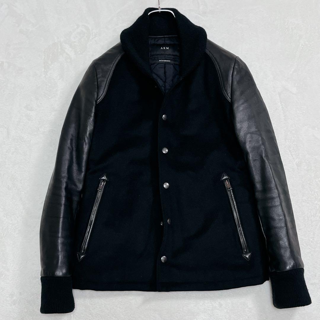 AKM エイケイエム』スタジャン ラムレザー 羊革 カシミヤ混ウール 切替