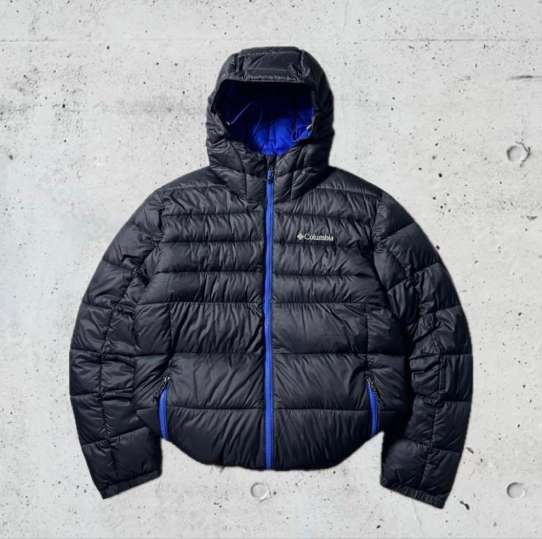Columbia フード付きダウンジャケット 黒/青 - メルカリ