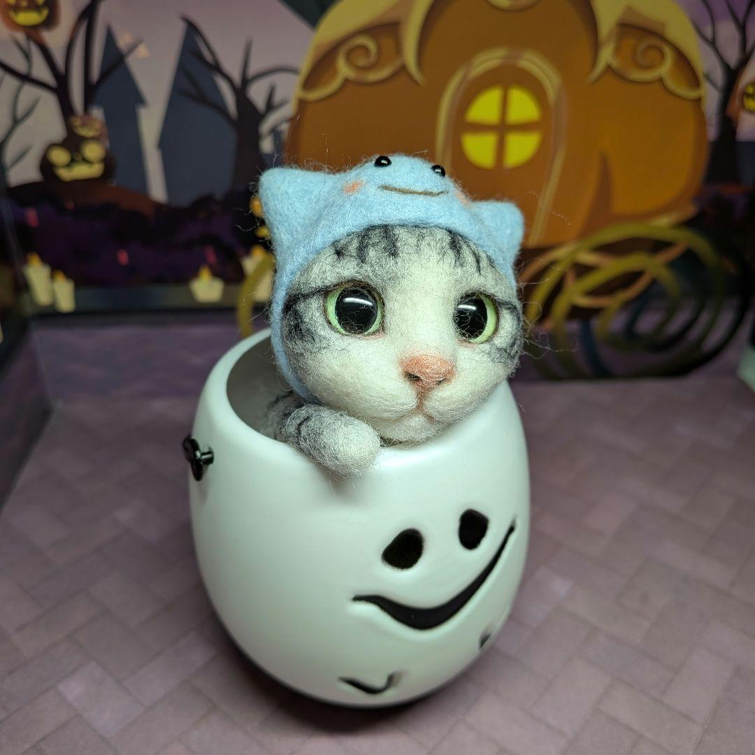 猫22⭐️サバシロ ハロウィン 羊毛フェルトネコ おばけ オバケバケツ