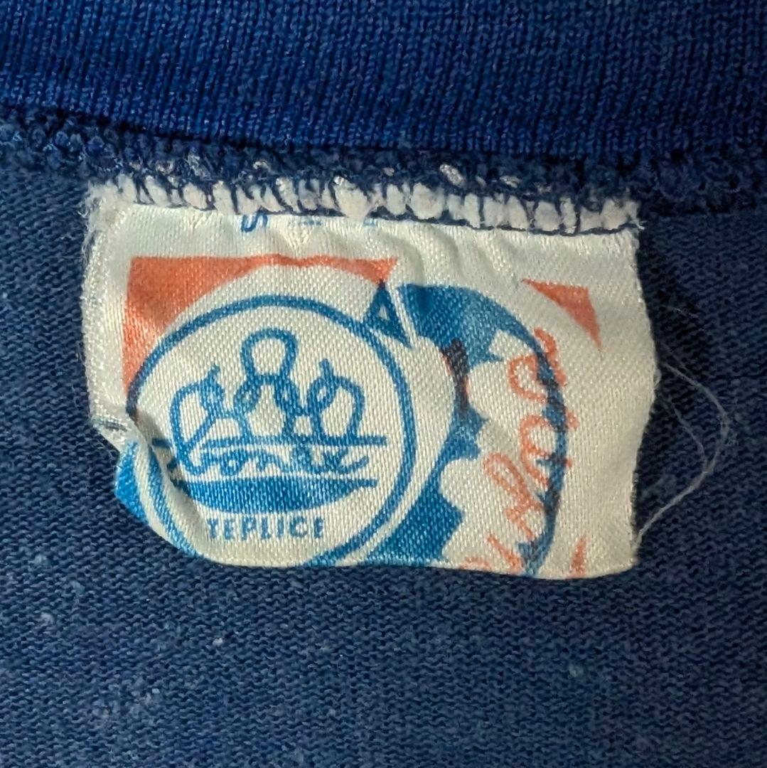 70s　ボーリングシャツ　トラックジャケット　刺繍ロゴ　ビンテージ　USA製　青