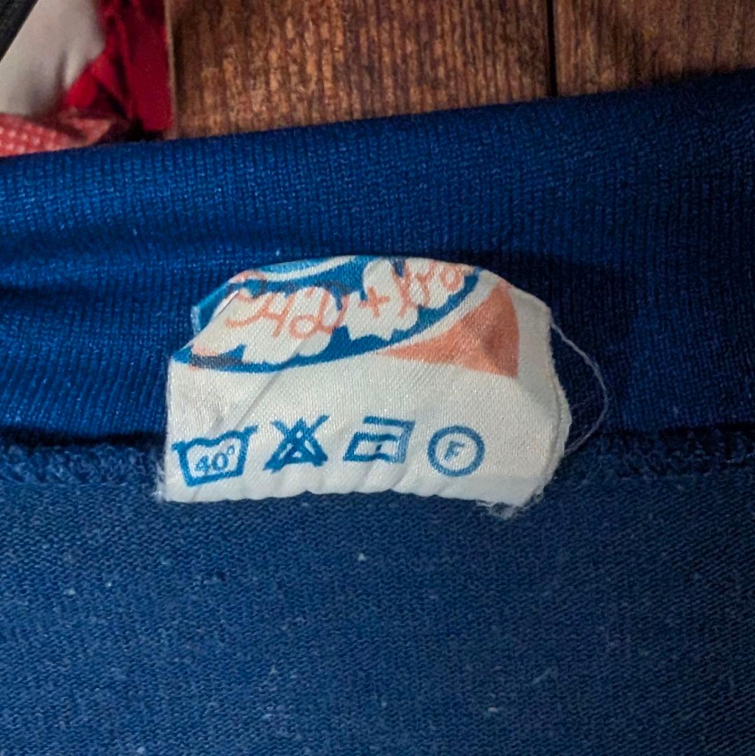 70s　ボーリングシャツ　トラックジャケット　刺繍ロゴ　ビンテージ　USA製　青