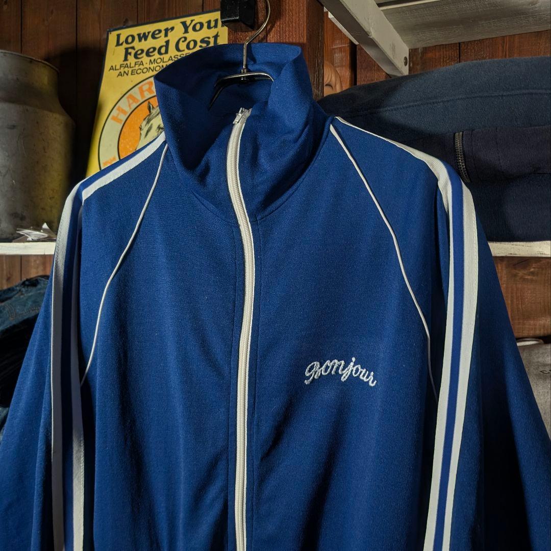 70s　ボーリングシャツ　トラックジャケット　刺繍ロゴ　ビンテージ　USA製　青