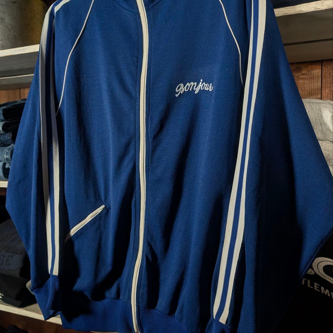 70s　ボーリングシャツ　トラックジャケット　刺繍ロゴ　ビンテージ　USA製　青