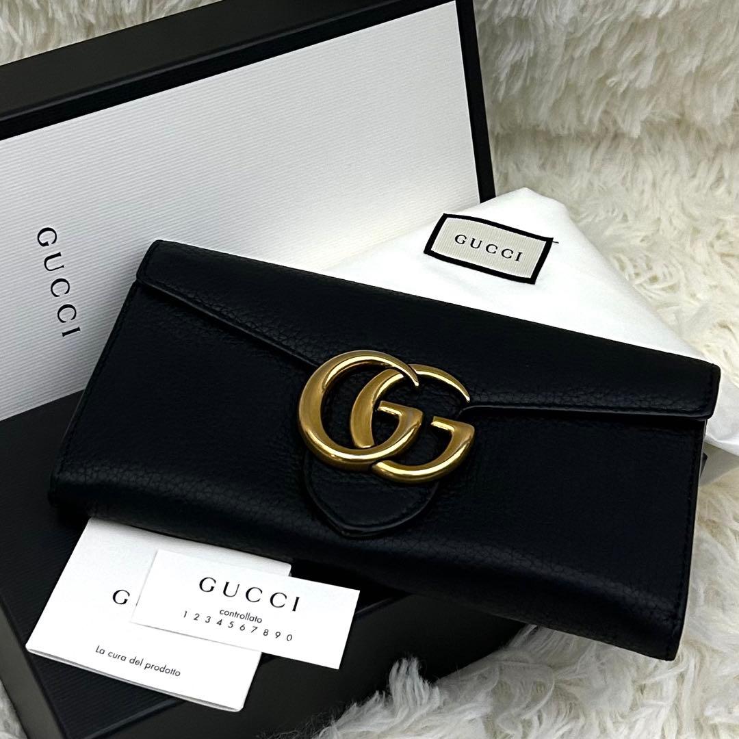 美品】GUCCI グッチ 財布 長財布 GGマーモント レザー ブラック - メルカリ