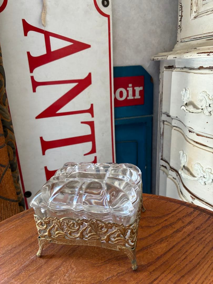 フランス　アンティーク　オルモル　ガラス　ジュエリー　ボックス　ゴールド　真鍮